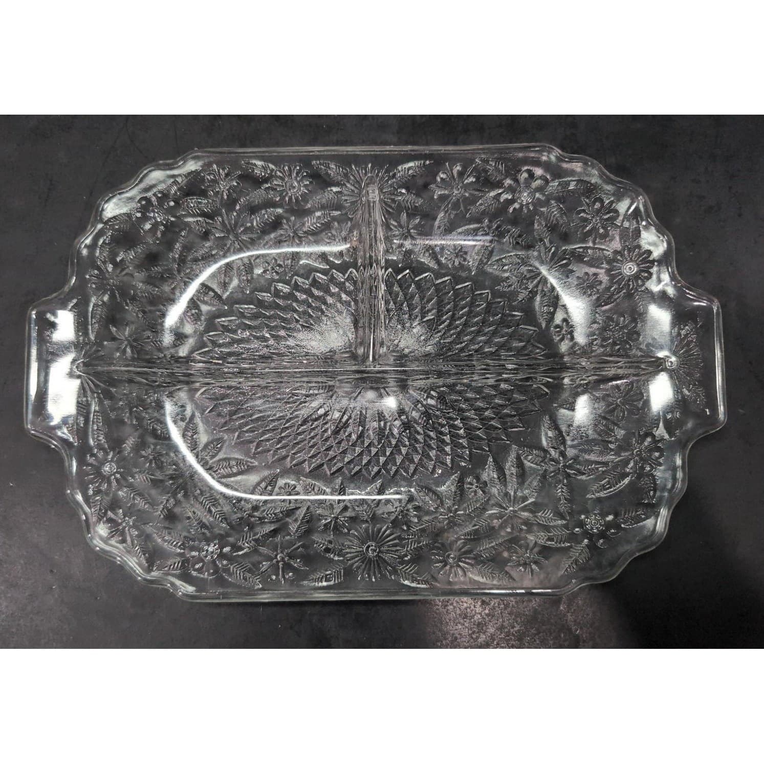 Indiana Glass Pineapple Floral Divided Platter, Vintage Clear Serving Tray/Plate - Thumbnail 3