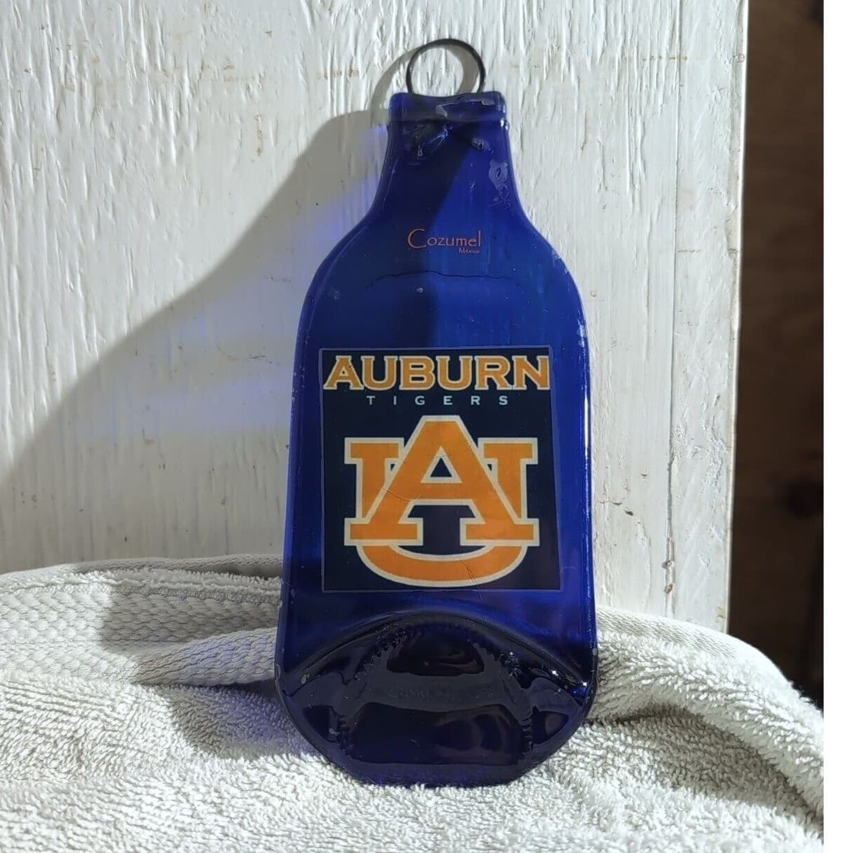 Auburn Tigers Blue Art Glass Wall Decor 8", Recycled Skyy Vodka Bottle, Man-Cave - Thumbnail 2