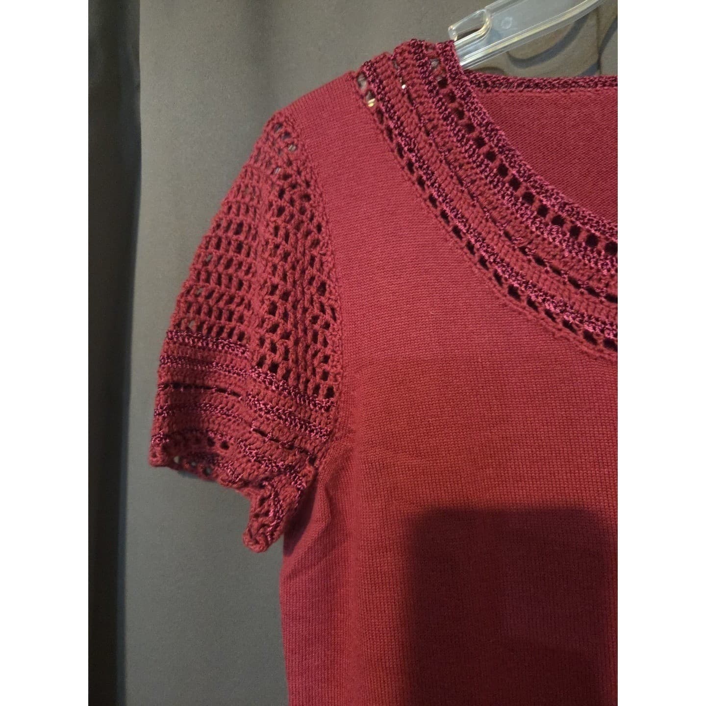 Requirements Burgundy Crochet Knit Short Sleeve Scoop Neck Top, Woman's Small - Thumbnail 7