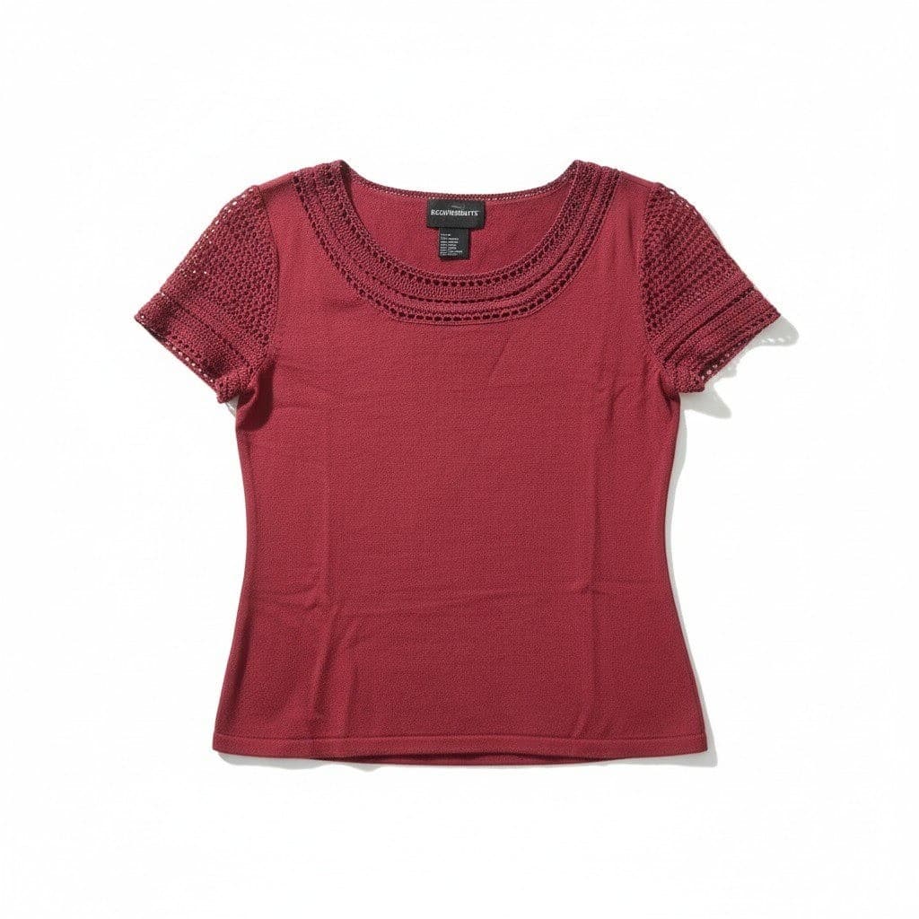Requirements Burgundy Crochet Knit Short Sleeve Scoop Neck Top, Woman's Small