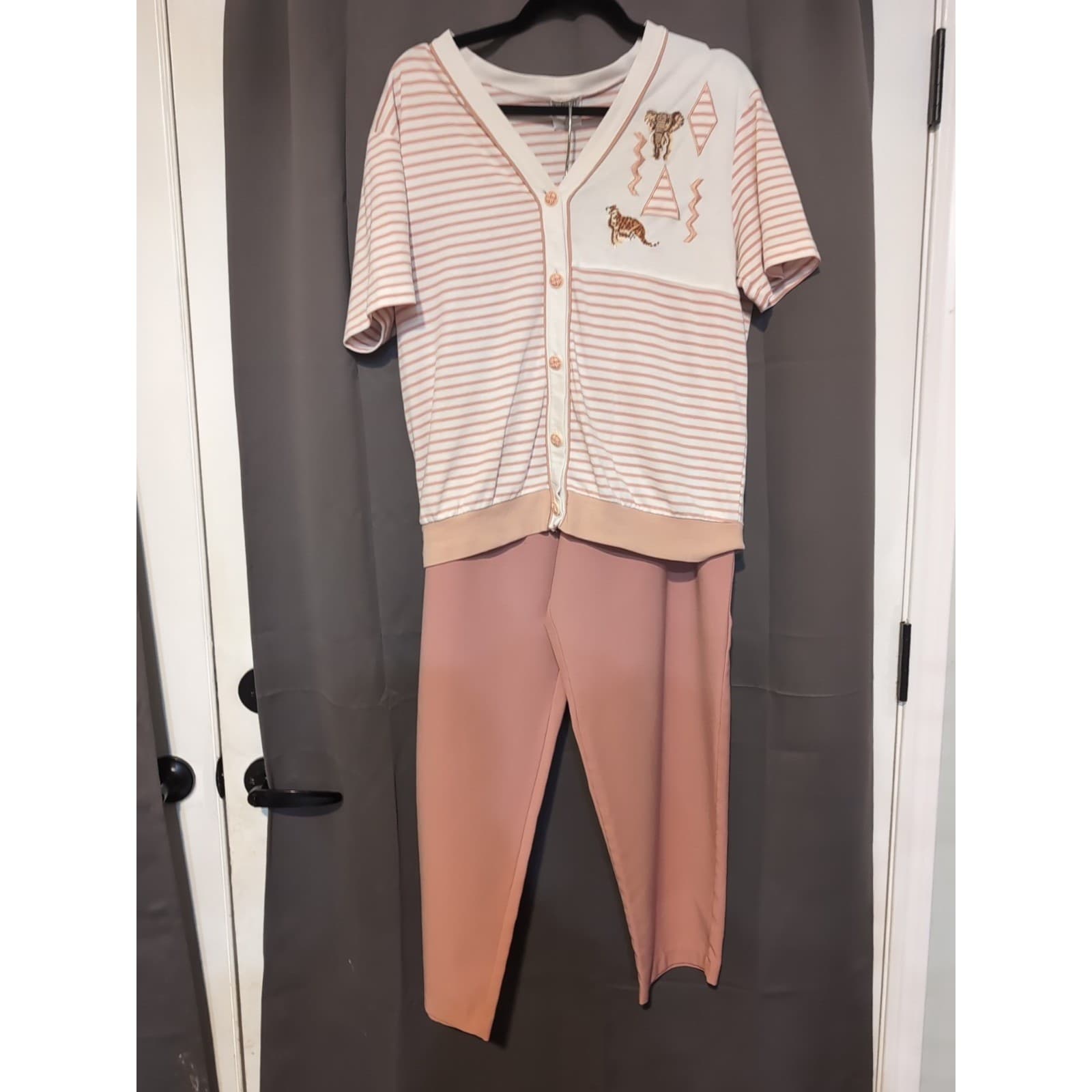A Leen Petite Safari Embroidered Striped Cardigan & Pants Set, Vintage Women's S