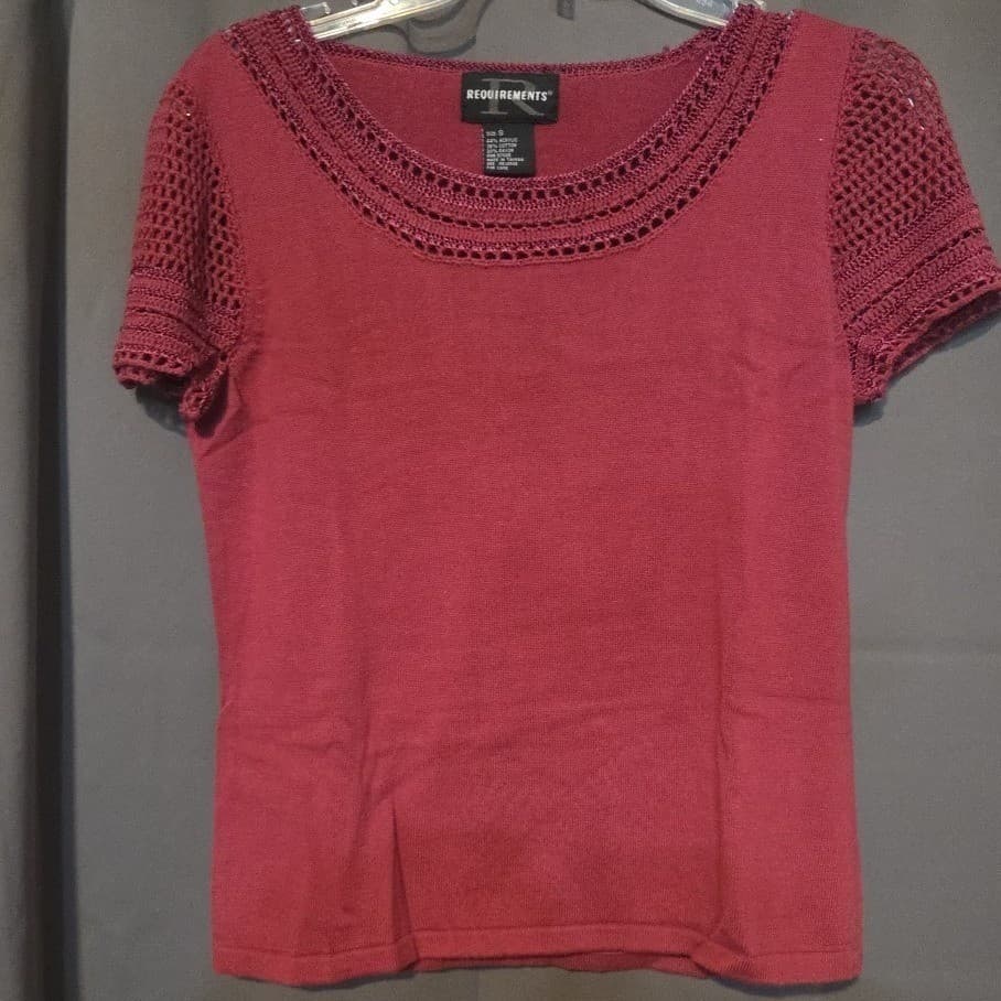 Requirements Burgundy Crochet Knit Short Sleeve Scoop Neck Top, Woman's Small - Thumbnail 3