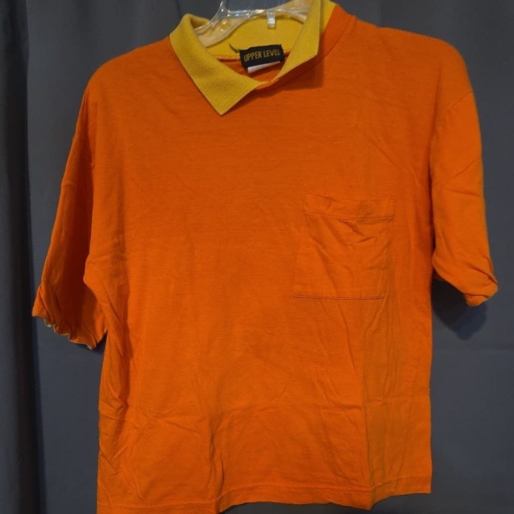 Upper Level Womens Orange Yellow Contrast Collar Short Sleeve Polo Shirt Medium - Thumbnail 3