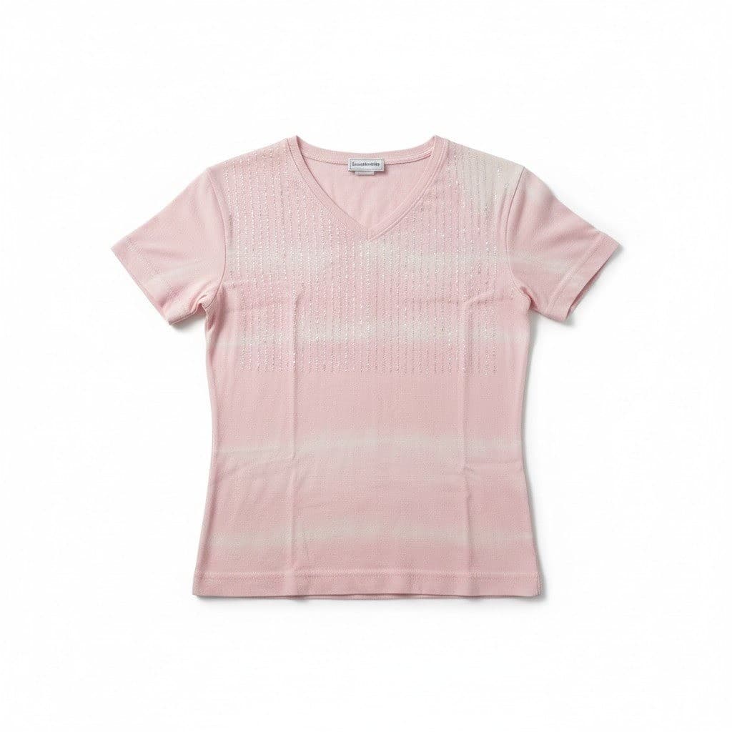 Jacobson's Pink Striped V-Neck, Women's Medium T Shirt, Sequins, Summer Top