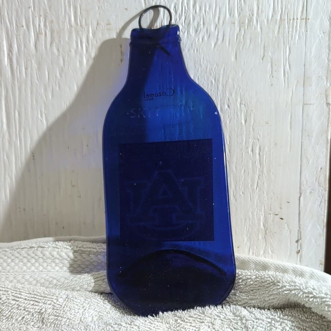 Auburn Tigers Blue Art Glass Wall Decor 8", Recycled Skyy Vodka Bottle, Man-Cave - Thumbnail 3