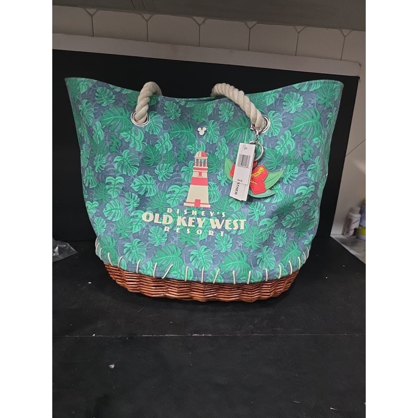 Disney Old Key West Resort Tote Bag, Tropical Monstera Leaf, Wicker Base NWT