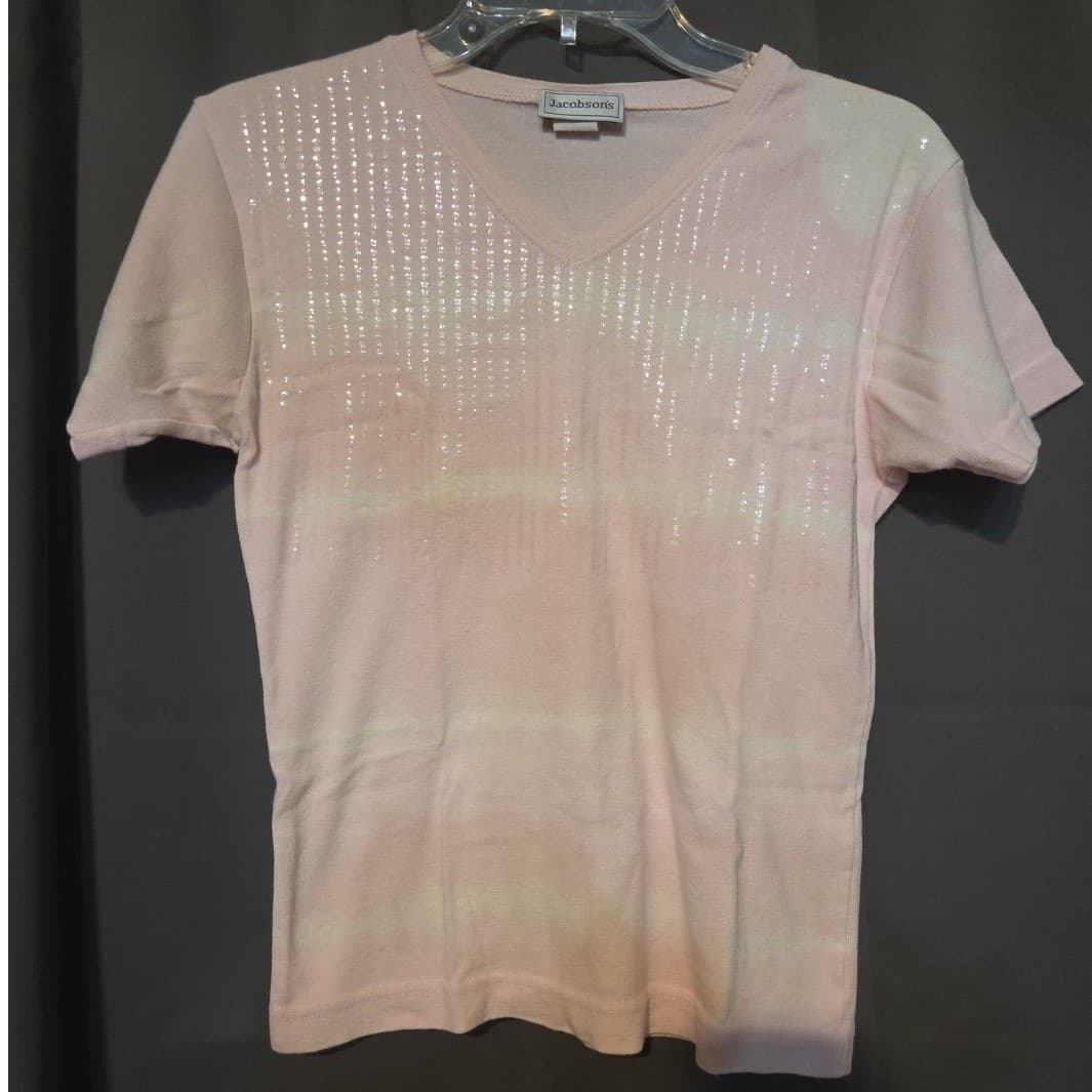 Jacobson's Pink Striped V-Neck, Women's Medium T Shirt, Sequins, Summer Top - Thumbnail 3