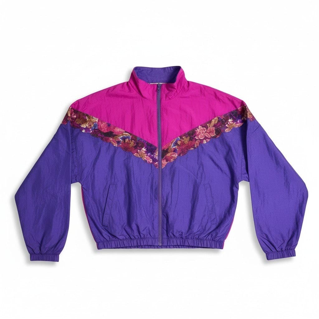 Michel Nicole Vintage Colorblock Windbreaker Jacket Purple Magenta Floral Lace
