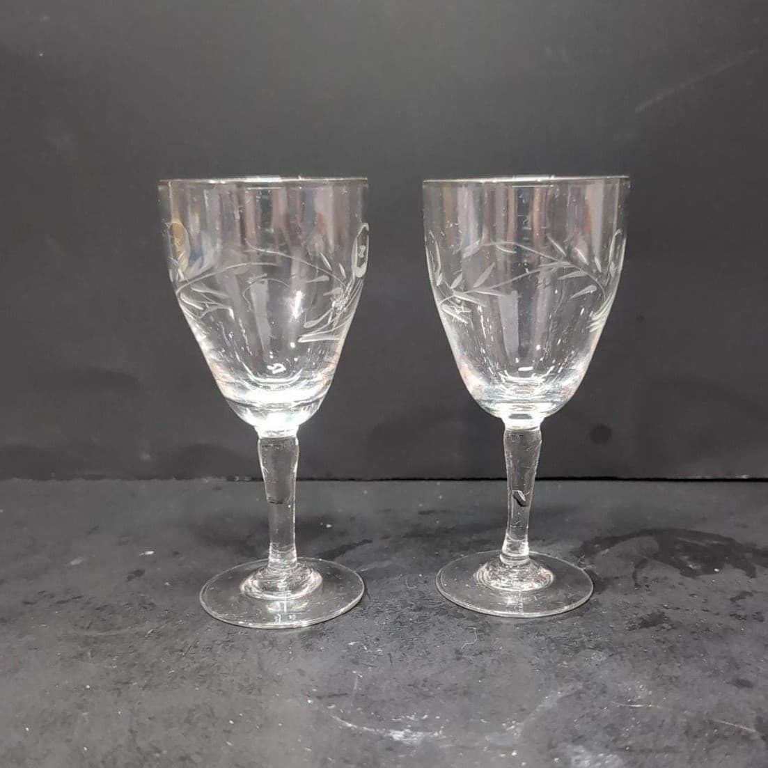 Rose Etched Glass Cordials, Set of 2, Floral Liqueur Glasses, Vintage Stemware - Thumbnail 5
