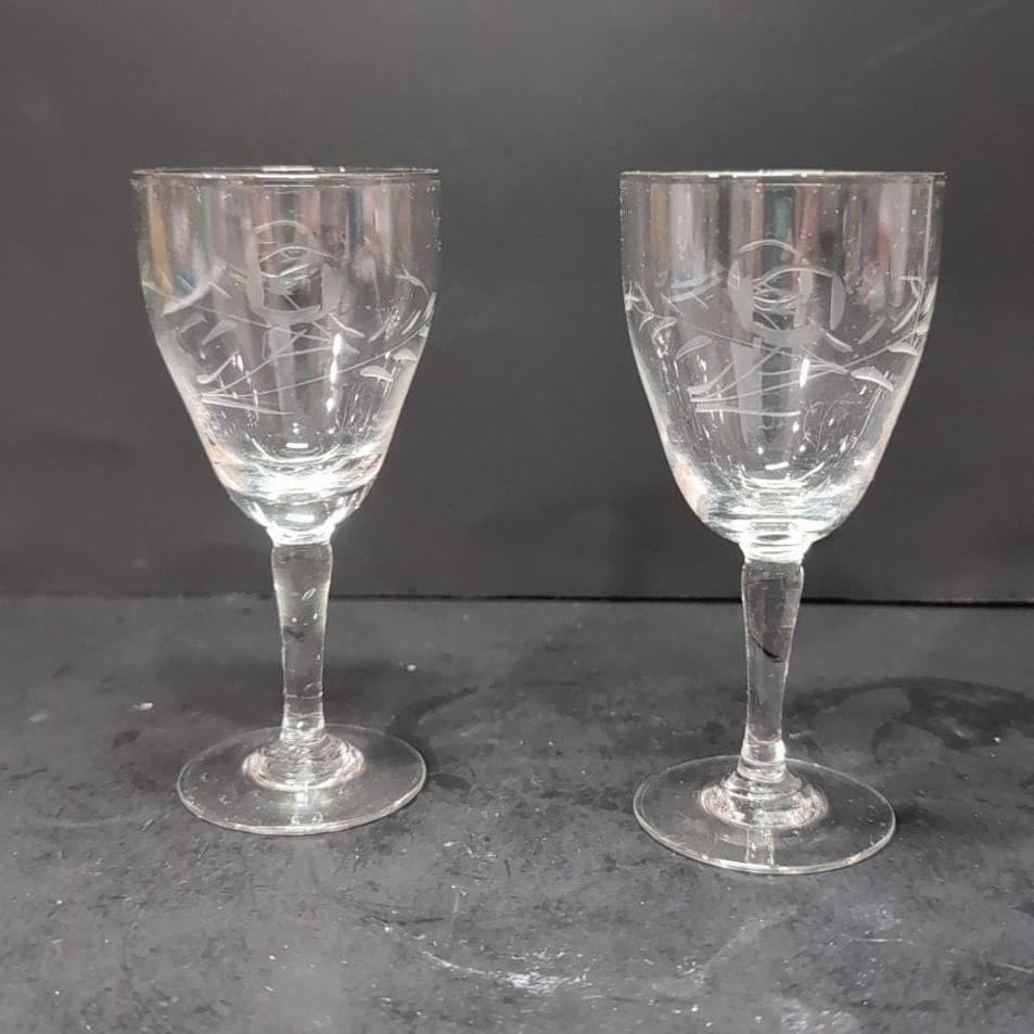 Rose Etched Glass Cordials, Set of 2, Floral Liqueur Glasses, Vintage Stemware - Thumbnail 2