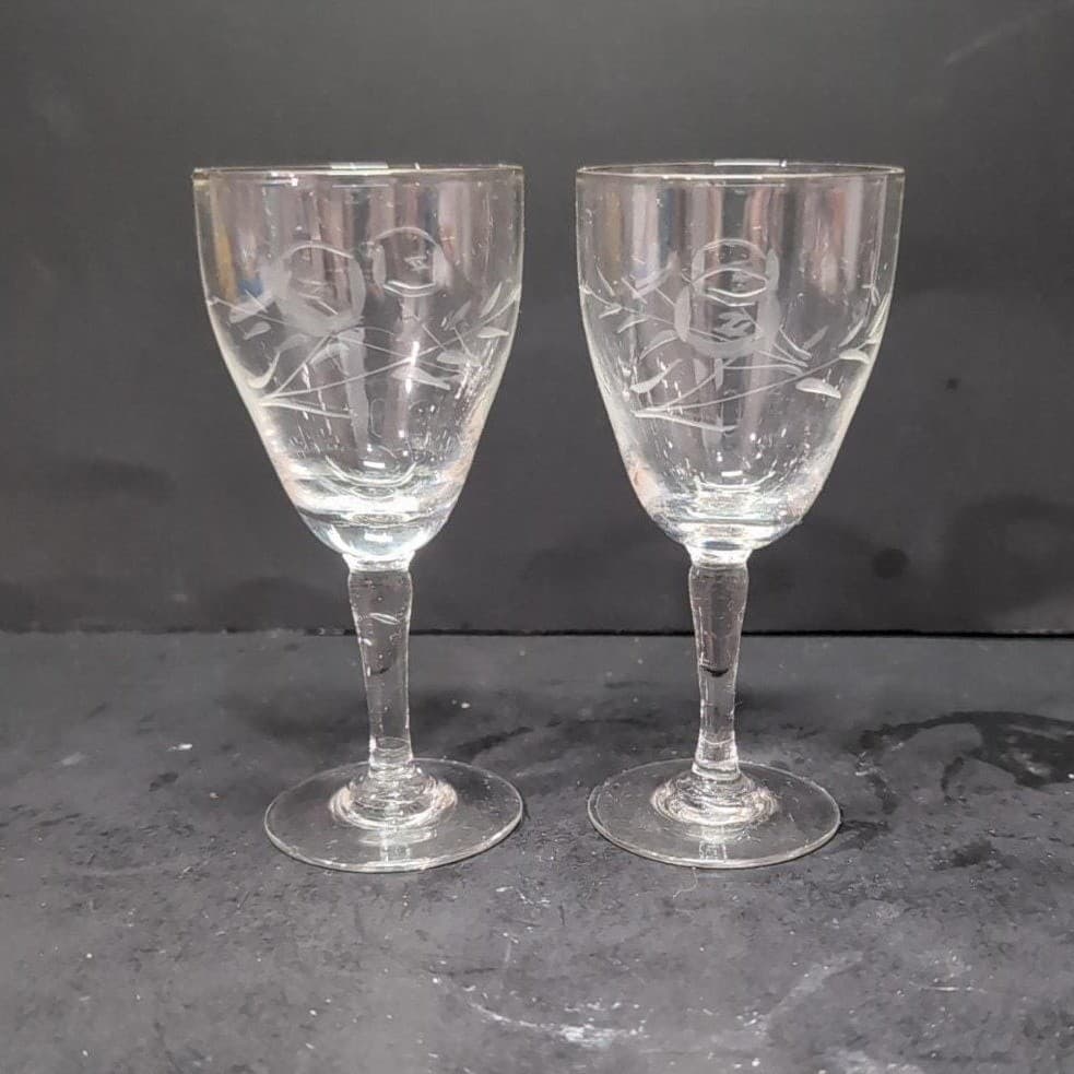 Rose Etched Glass Cordials, Set of 2, Floral Liqueur Glasses, Vintage Stemware - Thumbnail 4