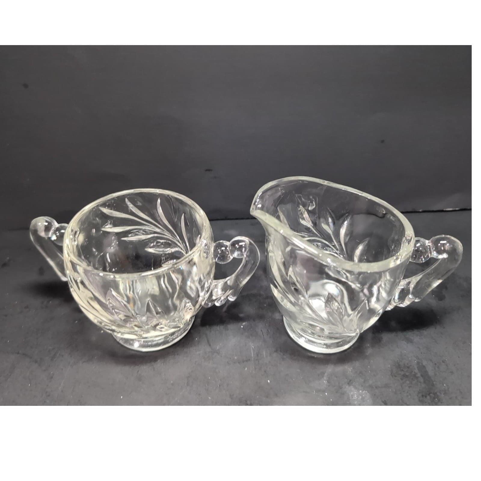 Indiana Glass Leaf Design Creamer and Sugar Set, Scroll Handles, Clear Tableware - Thumbnail 6