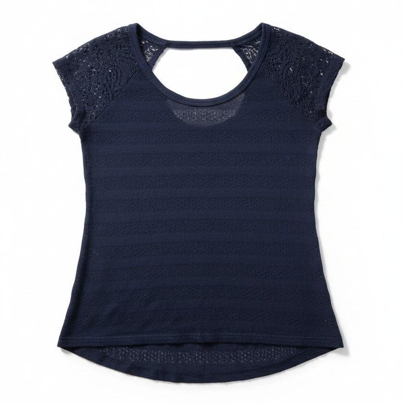 Maurices Navy Blue Lace Sleeve Open Back Top, Woman's Small, Grommet Detail