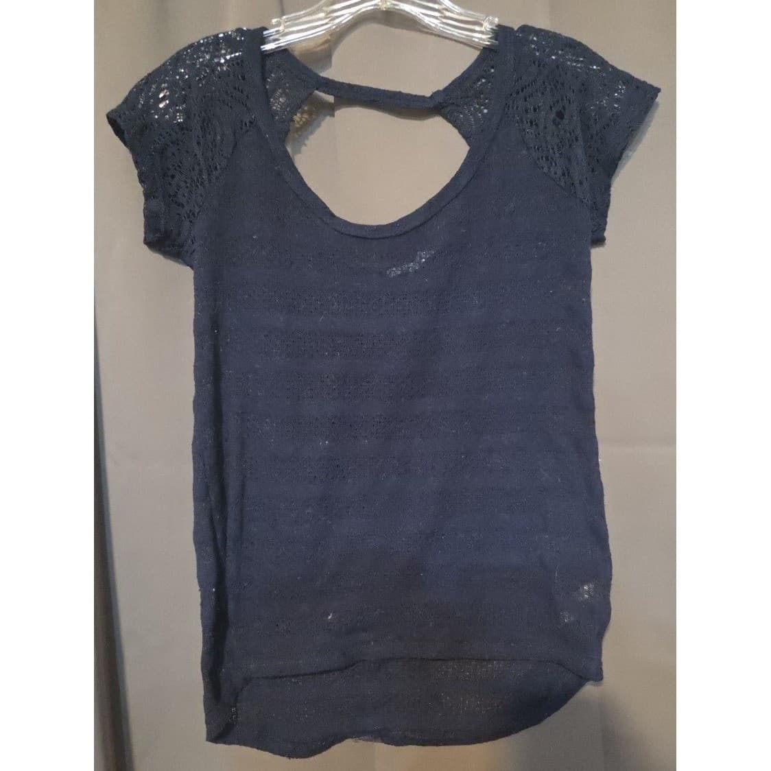 Maurices Navy Blue Lace Sleeve Open Back Top, Woman's Small, Grommet Detail - Thumbnail 3