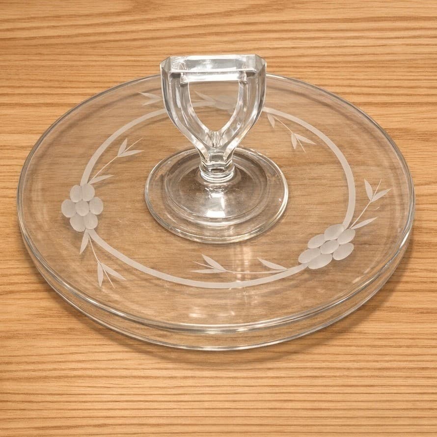 Crystal Clear Tidbit Snack Platter Tray, Vintage Sandwich Dish, Center Handle