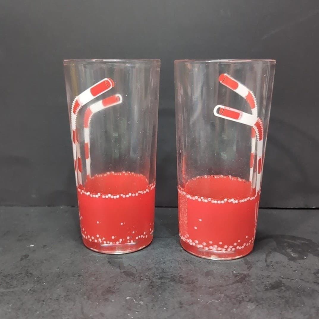 Retro Diner Drinking Glasses, Set of 2, Red Straws Design, Vintage Tumblers - Thumbnail 3