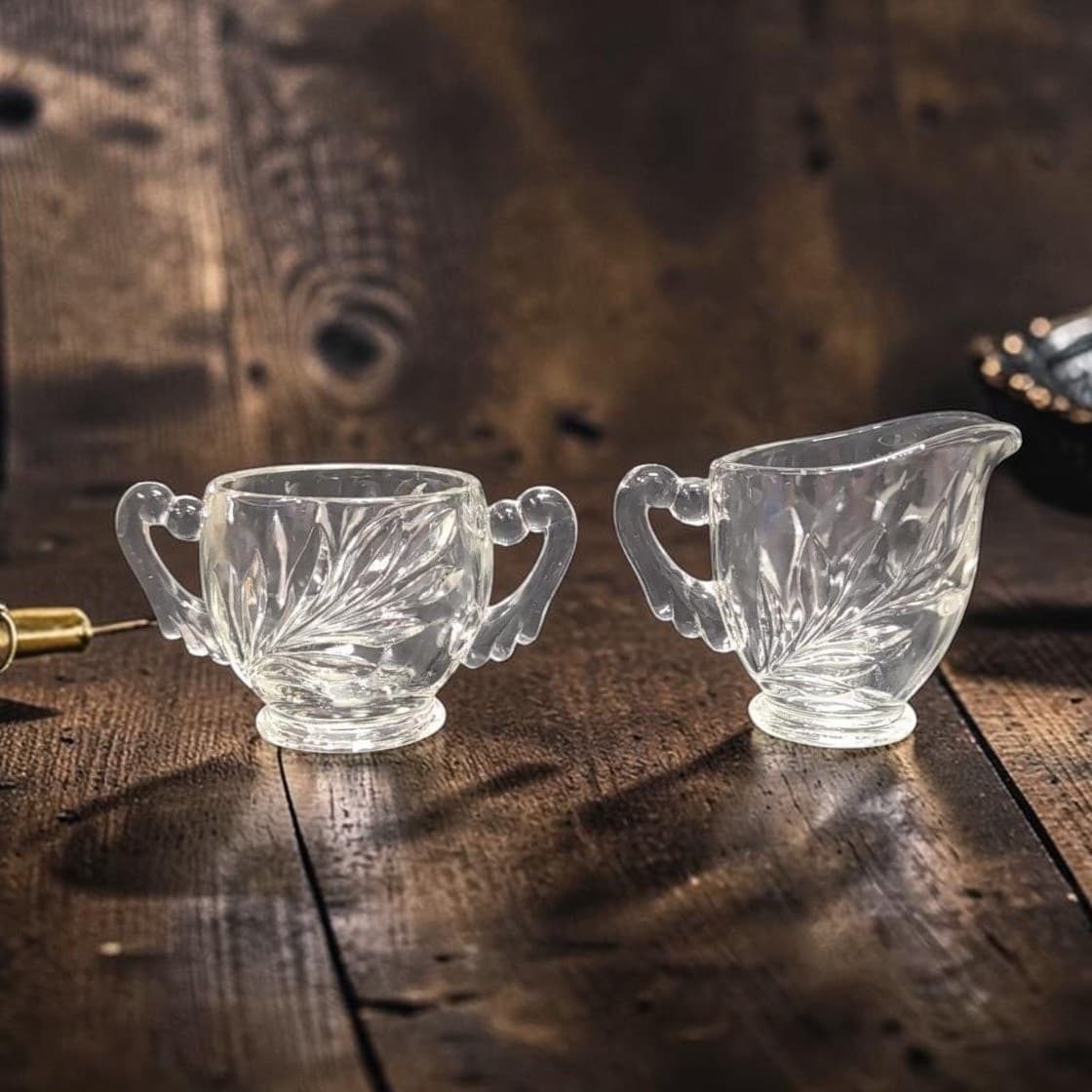 Indiana Glass Leaf Design Creamer and Sugar Set, Scroll Handles, Clear Tableware