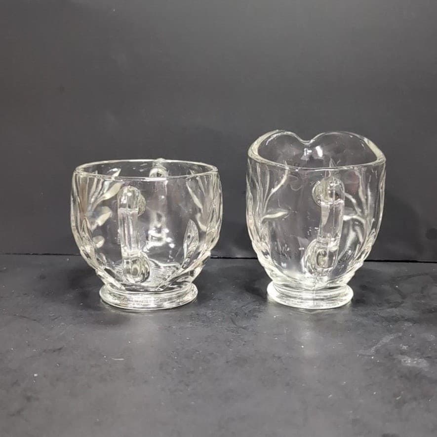 Indiana Glass Leaf Design Creamer and Sugar Set, Scroll Handles, Clear Tableware - Thumbnail 5