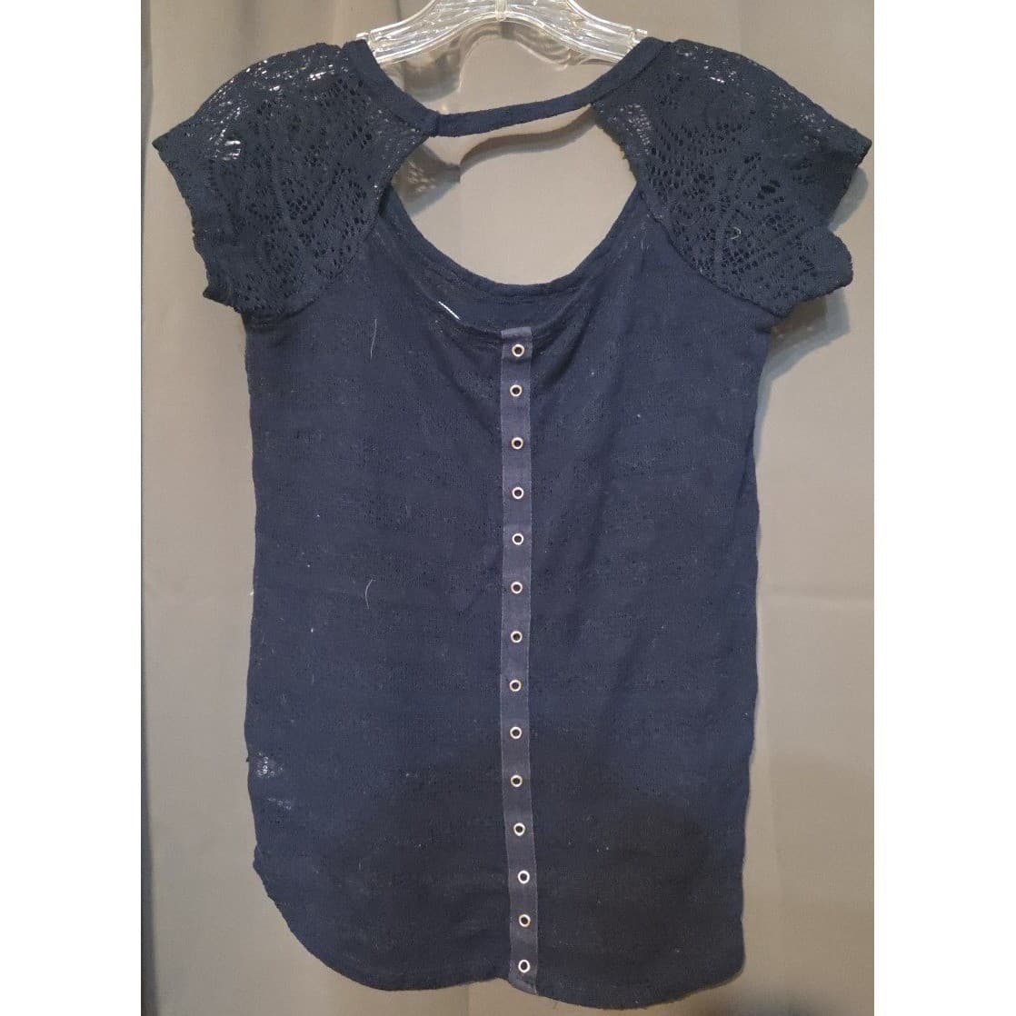 Maurices Navy Blue Lace Sleeve Open Back Top, Woman's Small, Grommet Detail - Thumbnail 4