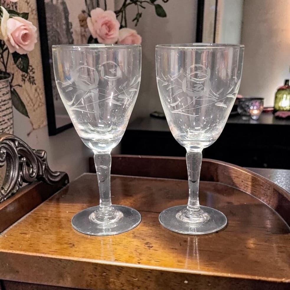 Rose Etched Glass Cordials, Set of 2, Floral Liqueur Glasses, Vintage Stemware