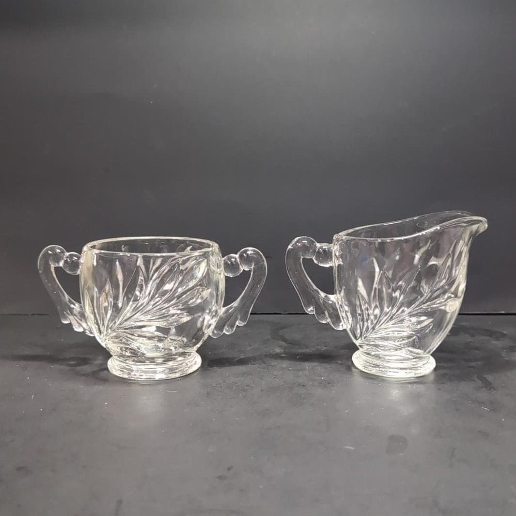Indiana Glass Leaf Design Creamer and Sugar Set, Scroll Handles, Clear Tableware - Thumbnail 2