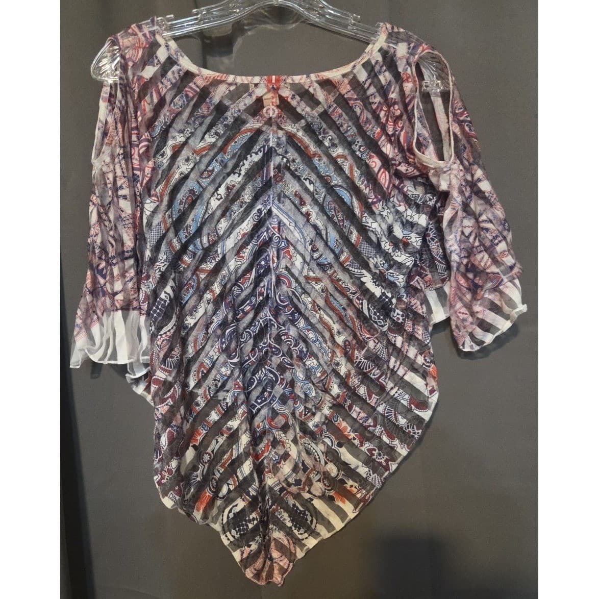 One World Paisley Chevron Sheer Cold Shoulder Poncho Top Women's Medium Blue Red - Thumbnail 3