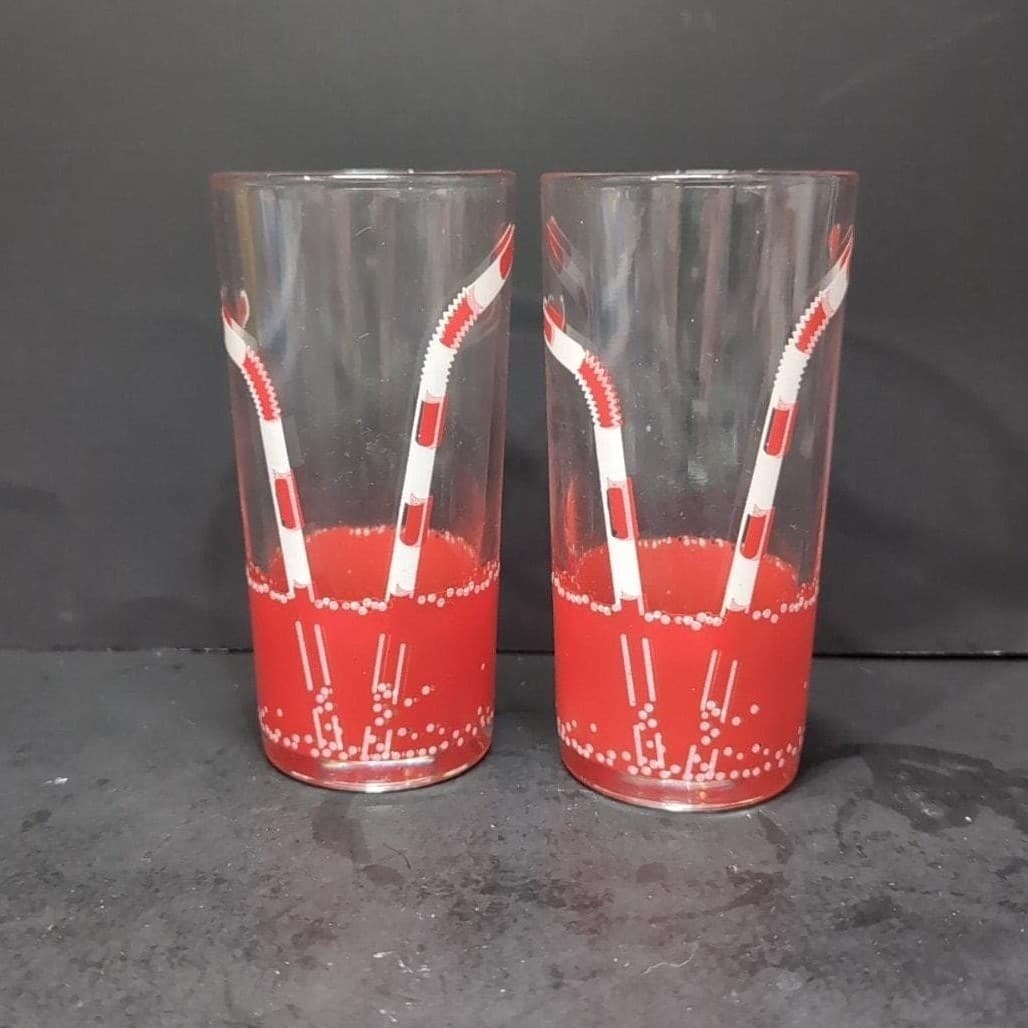 Retro Diner Drinking Glasses, Set of 2, Red Straws Design, Vintage Tumblers - Thumbnail 2