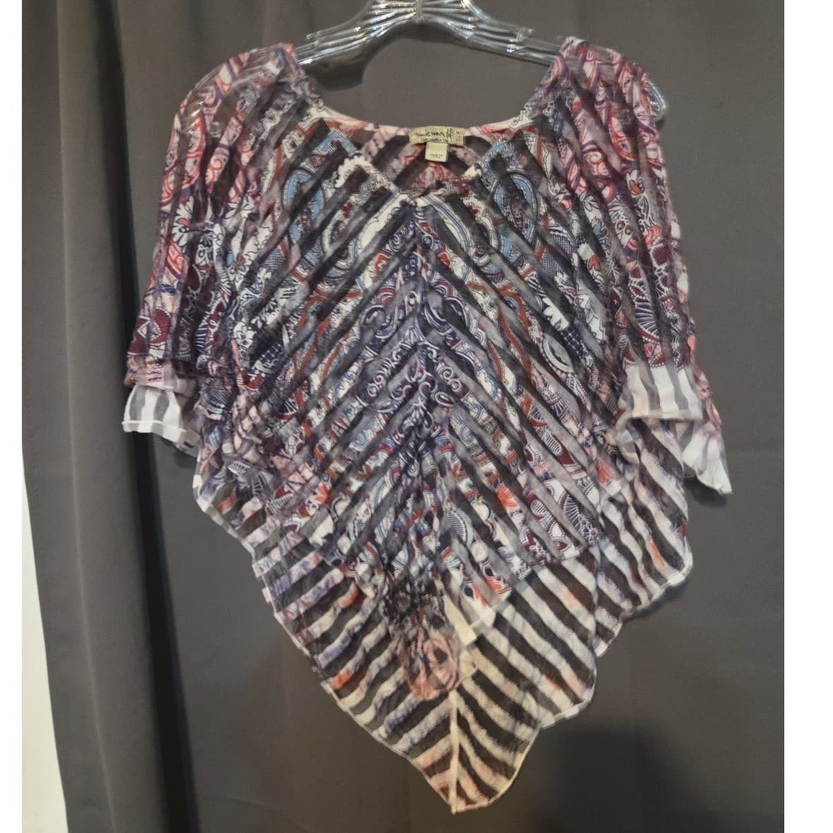 One World Paisley Chevron Sheer Cold Shoulder Poncho Top Women's Medium Blue Red - Thumbnail 2