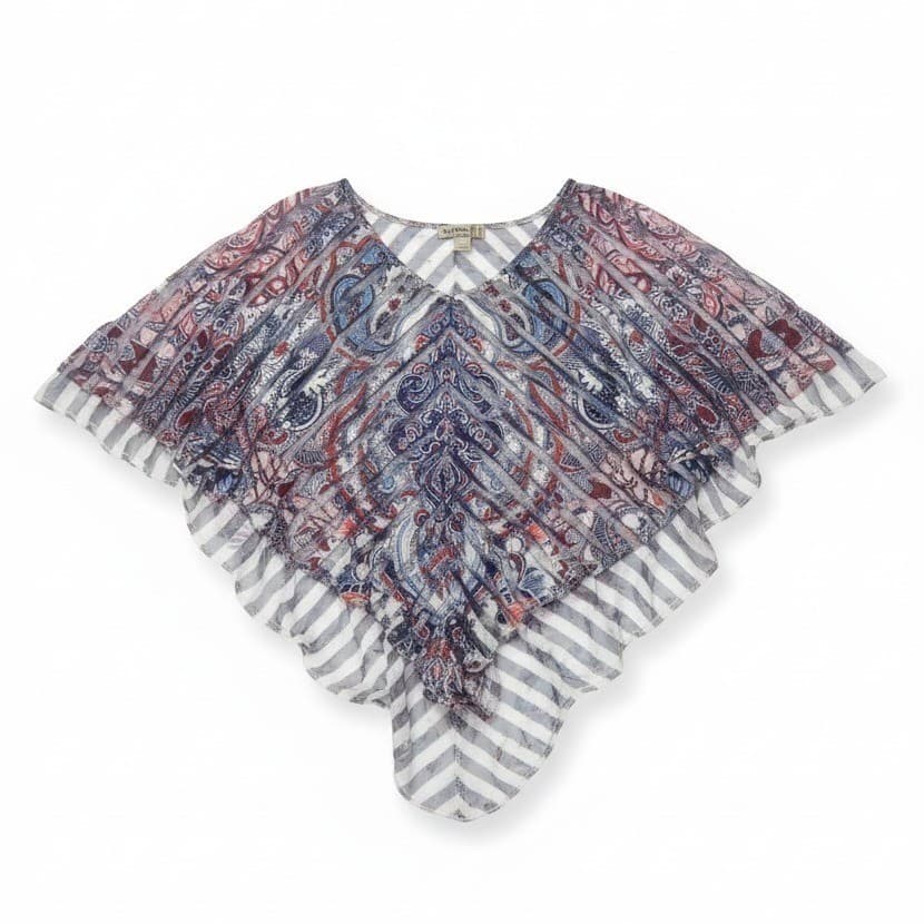 One World Paisley Chevron Sheer Cold Shoulder Poncho Top Women's Medium Blue Red