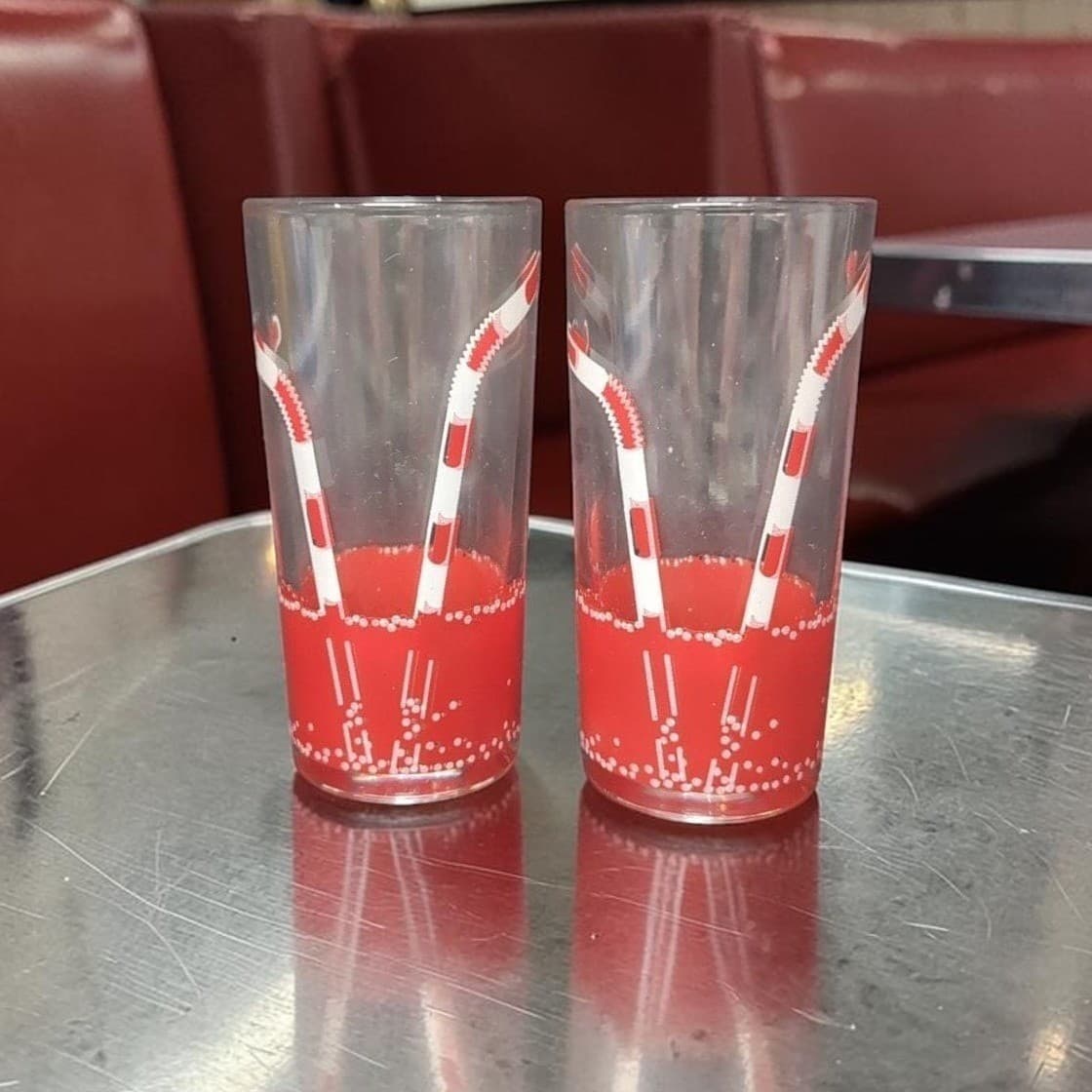 Retro Diner Drinking Glasses, Set of 2, Red Straws Design, Vintage Tumblers