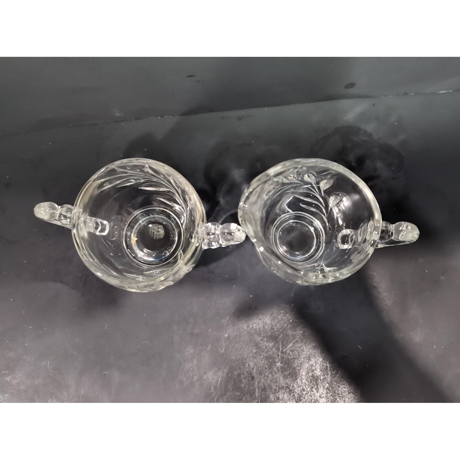 Indiana Glass Leaf Design Creamer and Sugar Set, Scroll Handles, Clear Tableware - Thumbnail 7