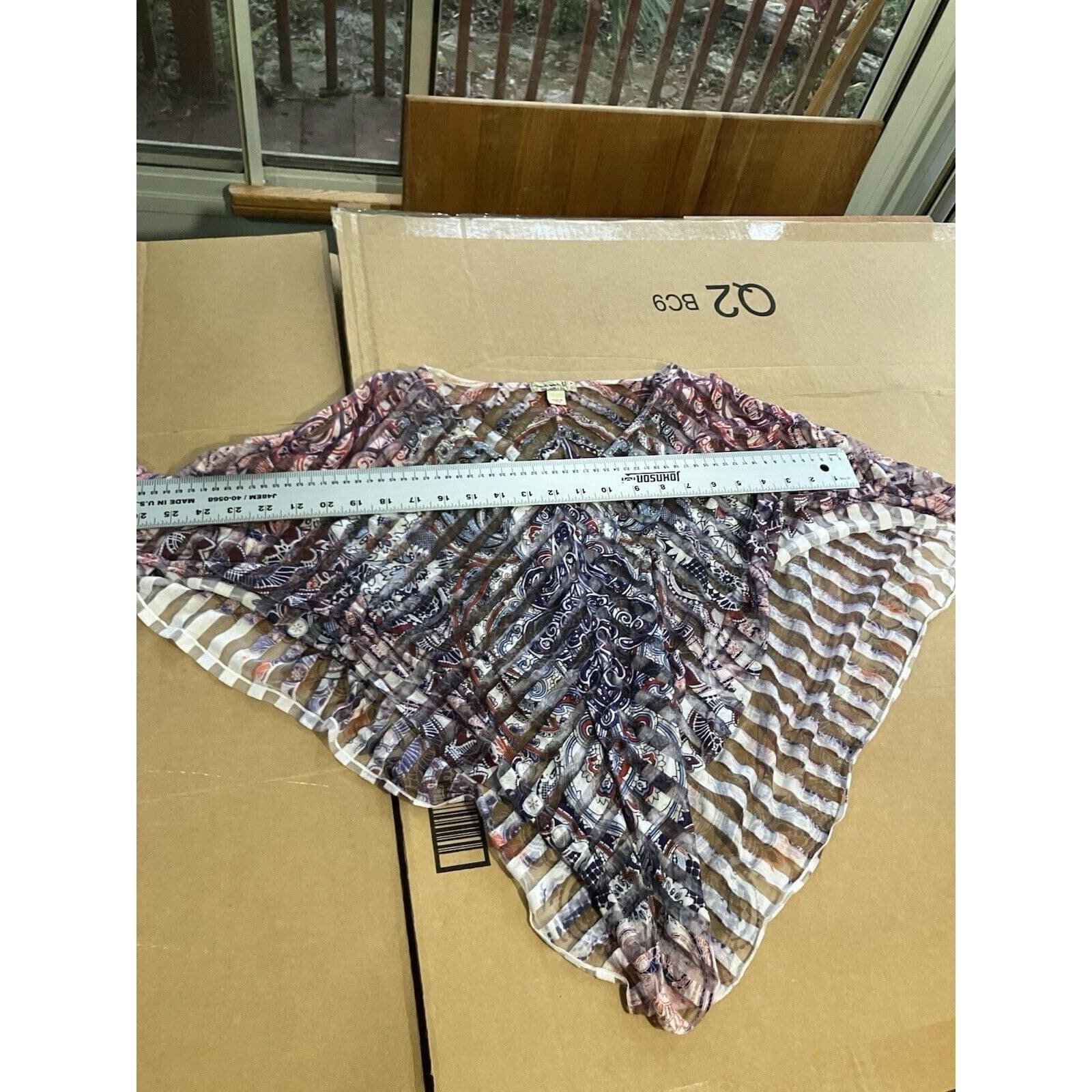 One World Paisley Chevron Sheer Cold Shoulder Poncho Top Women's Medium Blue Red - Thumbnail 6