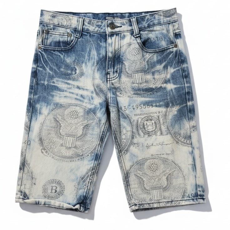 GS115 Money Print Acid Wash Denim Shorts, Blue White, Kids Size 12 Streetwear