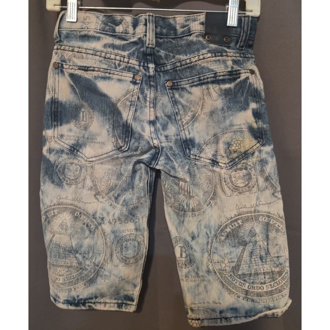 GS115 Money Print Acid Wash Denim Shorts, Blue White, Kids Size 12 Streetwear - Thumbnail 4