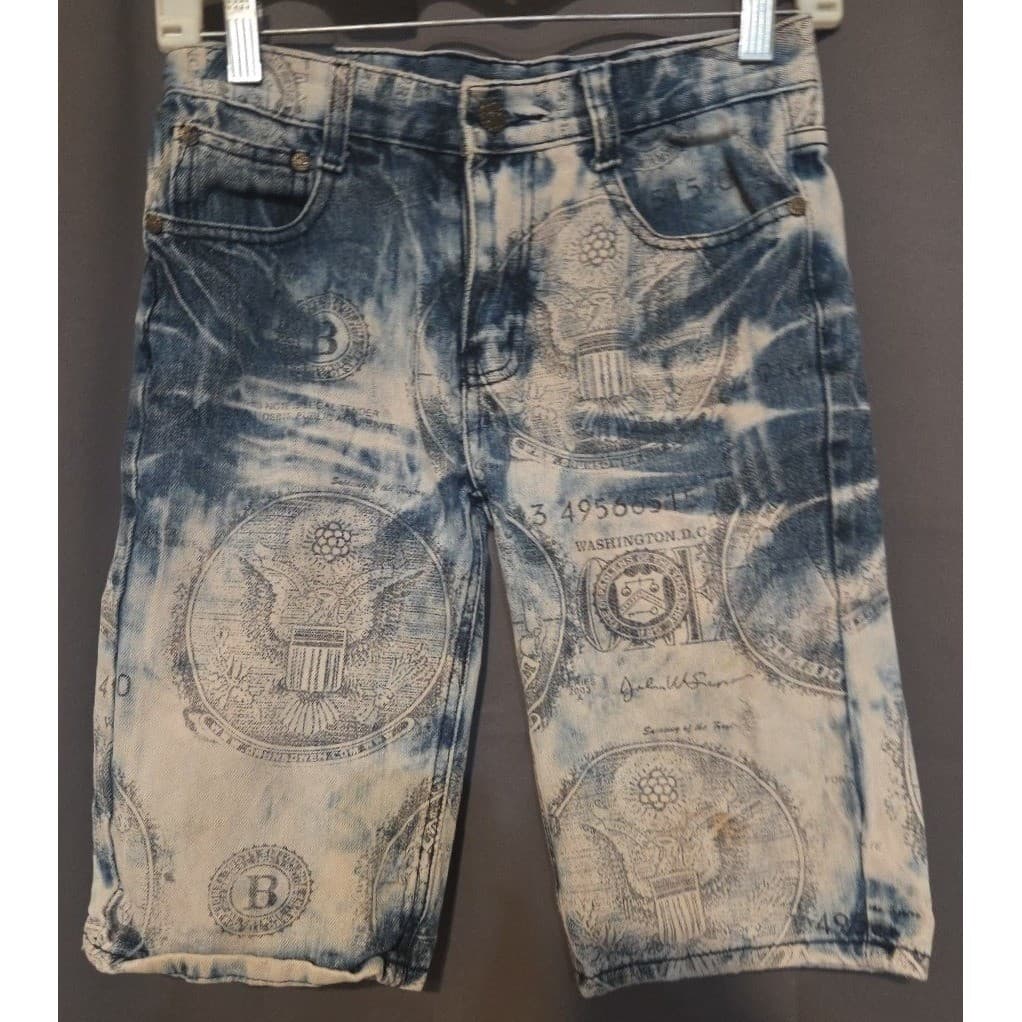 GS115 Money Print Acid Wash Denim Shorts, Blue White, Kids Size 12 Streetwear - Thumbnail 3