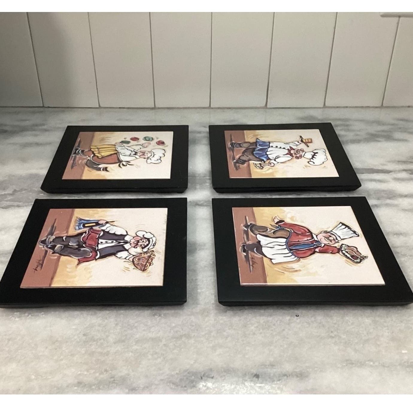 Joy Alldredge Fat Chef Decorative Tiles, Set of 4, Vintage Hand Painted Plaques - Thumbnail 4