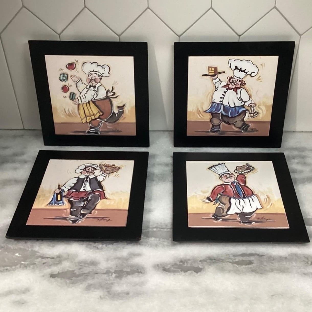 Joy Alldredge Fat Chef Decorative Tiles, Set of 4, Vintage Hand Painted Plaques - Thumbnail 3