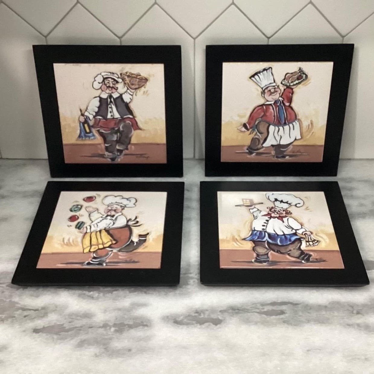 Joy Alldredge Fat Chef Decorative Tiles, Set of 4, Vintage Hand Painted Plaques - Thumbnail 2