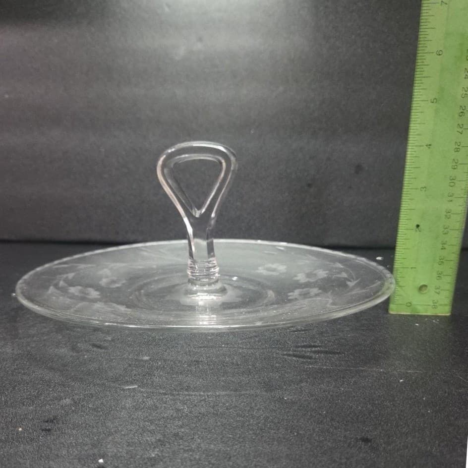 Etched Floral Tidbit Tray, Vintage Center Handle Sandwich Plate, Clear Glassware - Thumbnail 7