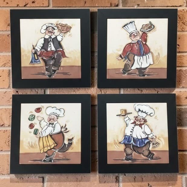 Joy Alldredge Fat Chef Decorative Tiles, Set of 4, Vintage Hand Painted Plaques