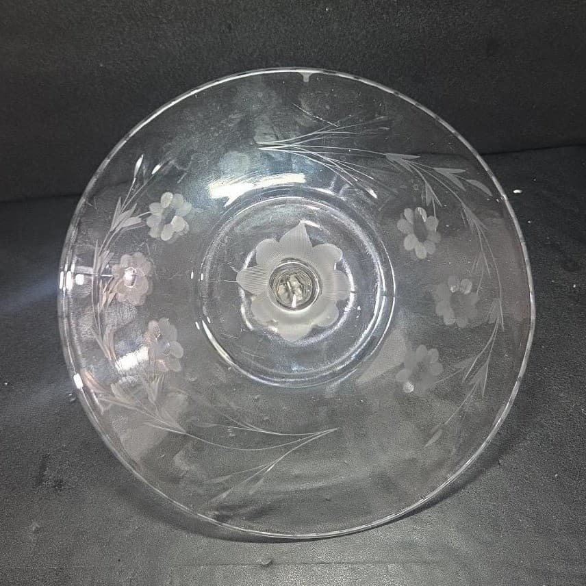 Etched Floral Tidbit Tray, Vintage Center Handle Sandwich Plate, Clear Glassware - Thumbnail 5