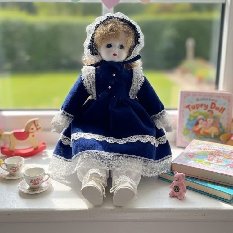 Brinns Collectible Porcelain Doll Navy Blue Velvet Lace Dress, 11" Vintage Toy