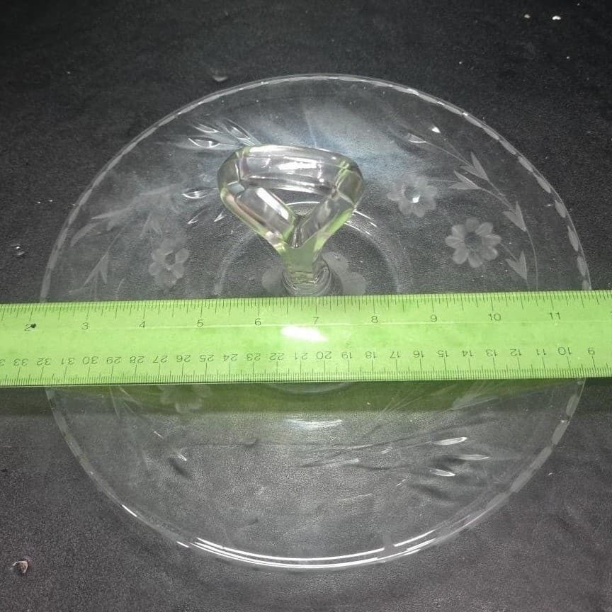 Etched Floral Tidbit Tray, Vintage Center Handle Sandwich Plate, Clear Glassware - Thumbnail 6