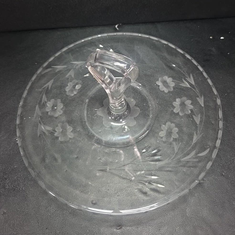 Etched Floral Tidbit Tray, Vintage Center Handle Sandwich Plate, Clear Glassware - Thumbnail 3