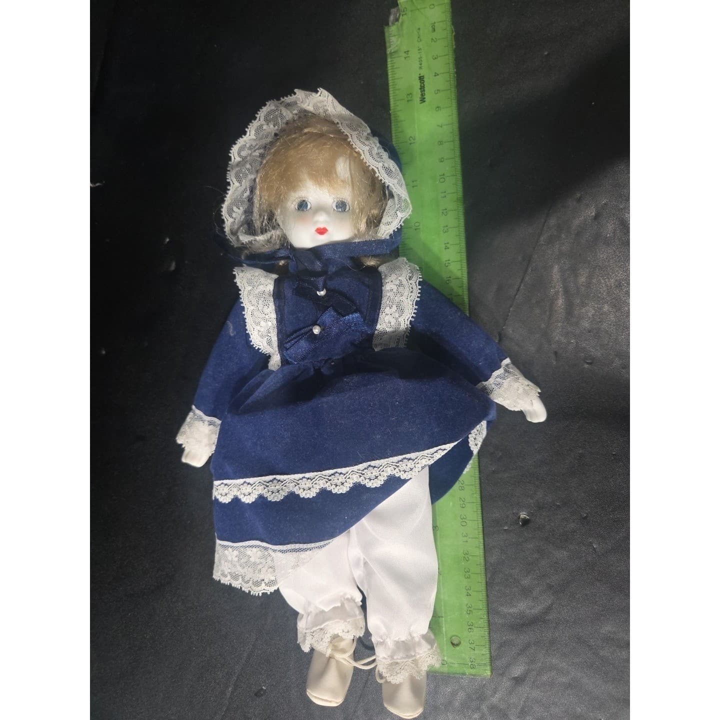 Brinns Collectible Porcelain Doll Navy Blue Velvet Lace Dress, 11" Vintage Toy - Thumbnail 7