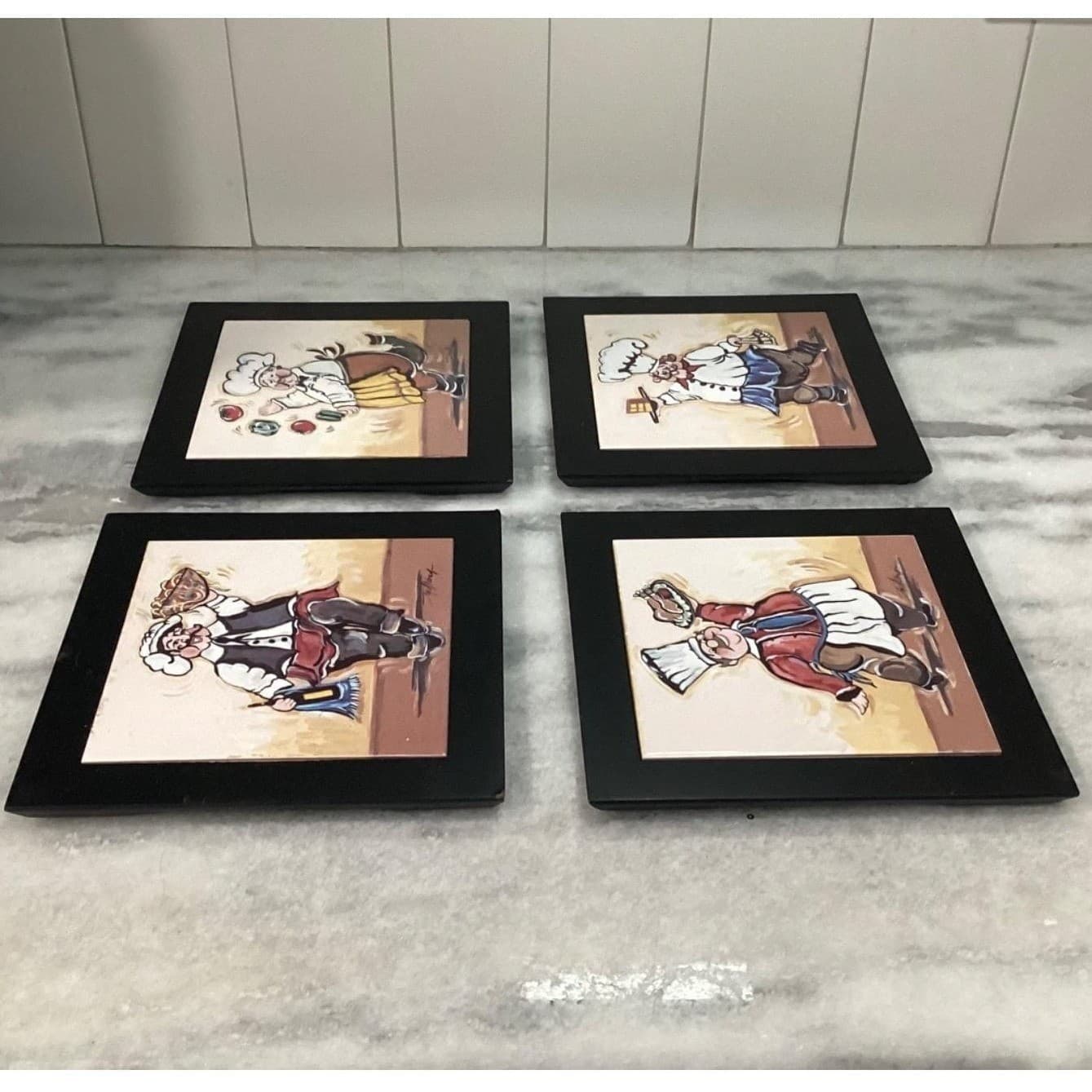 Joy Alldredge Fat Chef Decorative Tiles, Set of 4, Vintage Hand Painted Plaques - Thumbnail 6