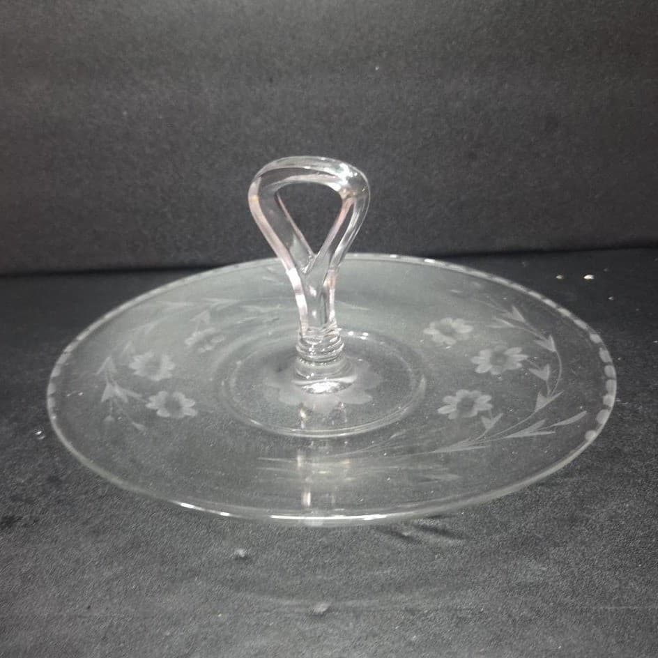 Etched Floral Tidbit Tray, Vintage Center Handle Sandwich Plate, Clear Glassware - Thumbnail 2