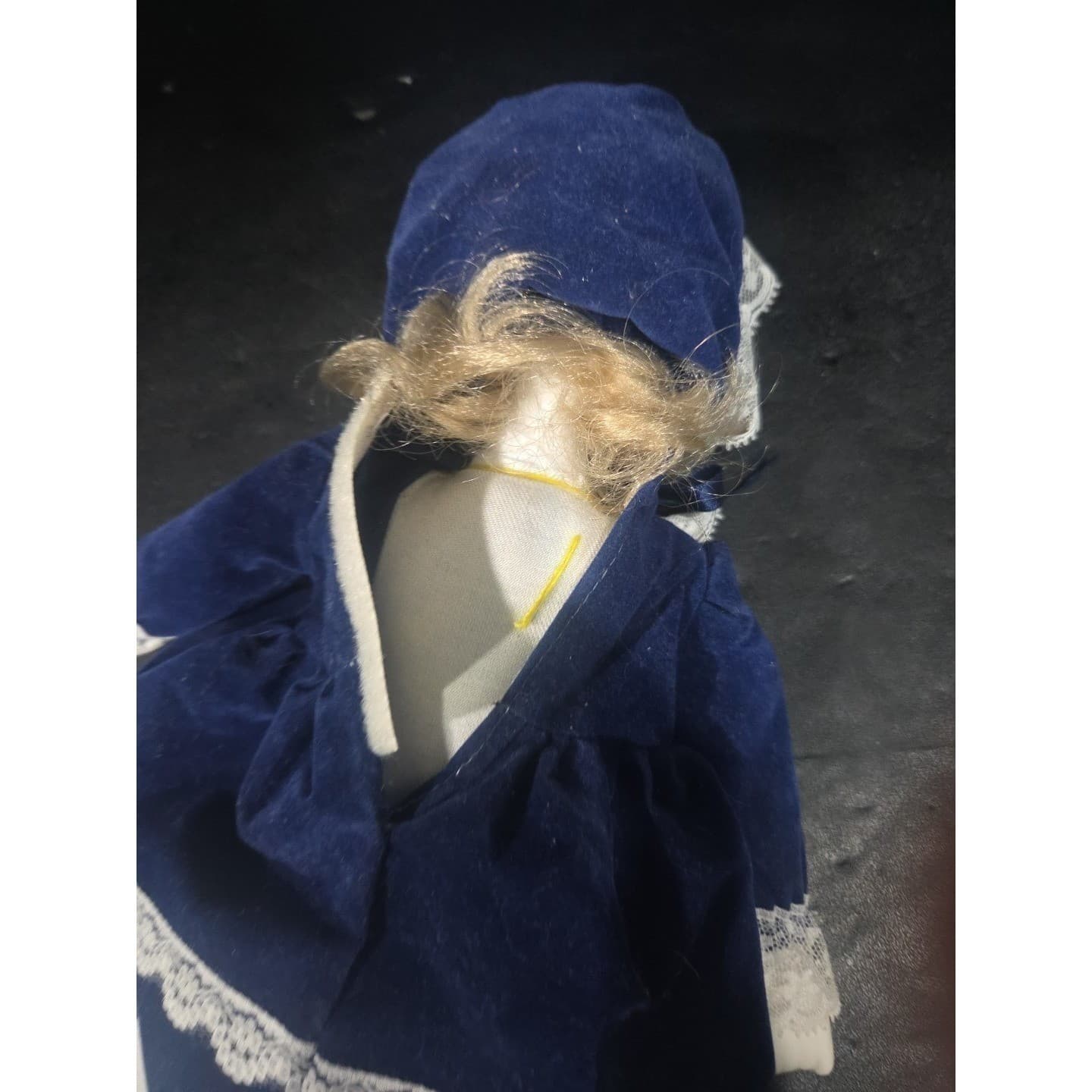 Brinns Collectible Porcelain Doll Navy Blue Velvet Lace Dress, 11" Vintage Toy - Thumbnail 6