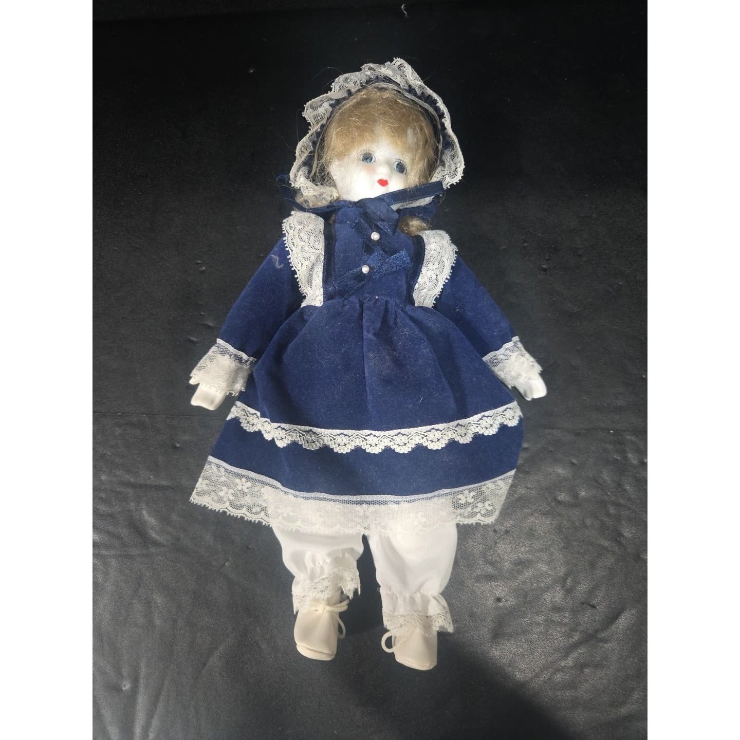 Brinns Collectible Porcelain Doll Navy Blue Velvet Lace Dress, 11" Vintage Toy - Thumbnail 2