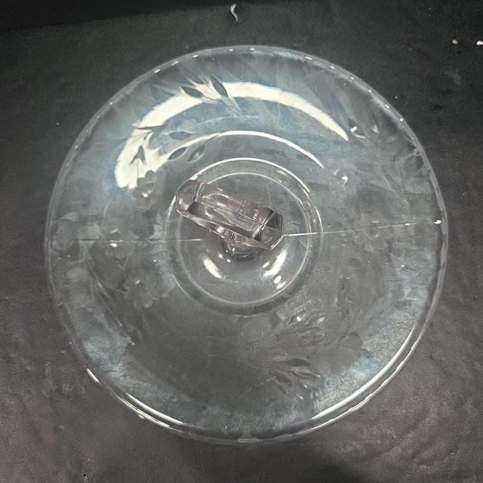 Etched Floral Tidbit Tray, Vintage Center Handle Sandwich Plate, Clear Glassware - Thumbnail 4